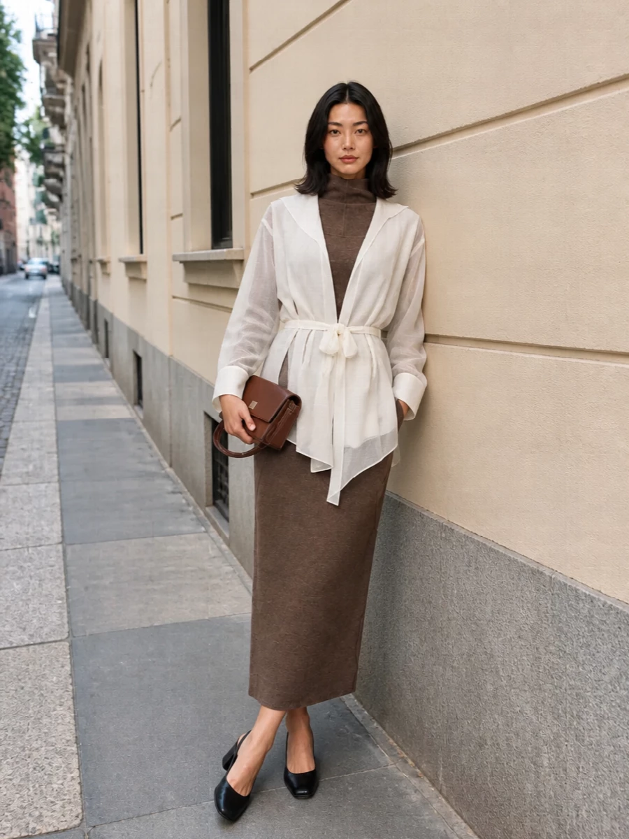 Max mara sheer jacket taupe knit maxi dress