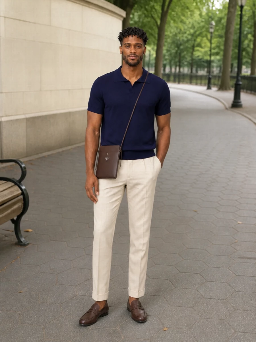 Tagliatore navy polo beige trousers tods loafers