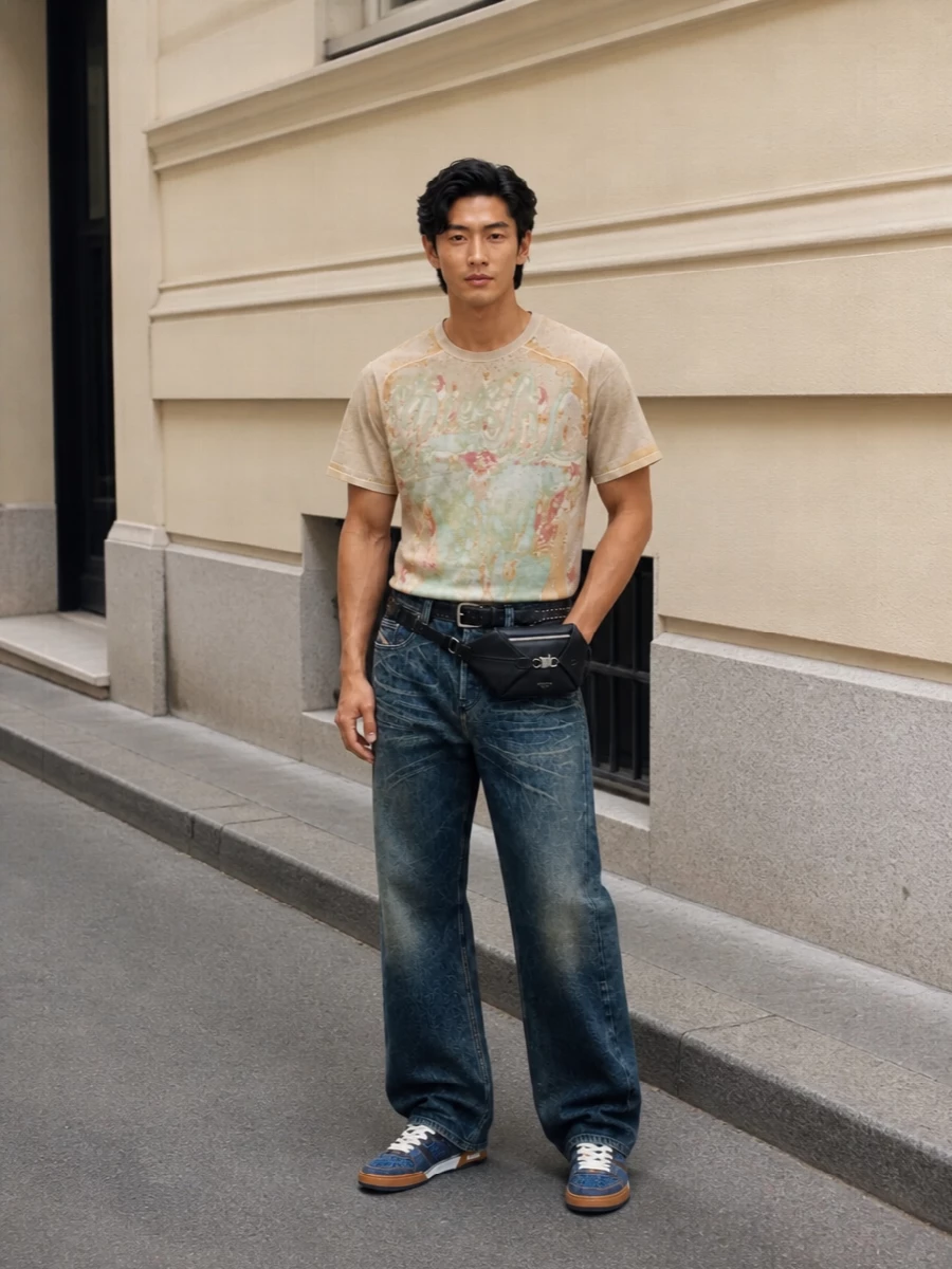 Diesel wide leg jeans fendi denim sneakers outfit