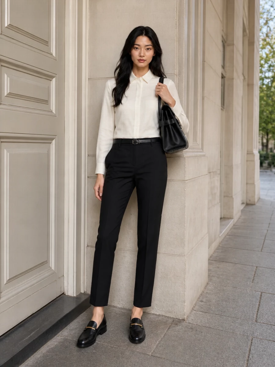Max mara black cropped trousers ivory shirt outfit