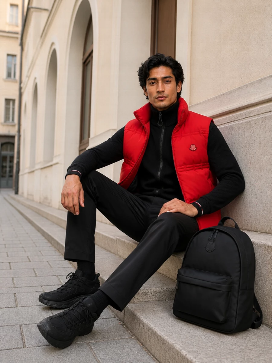 Moncler red gilet black trousers sneakers