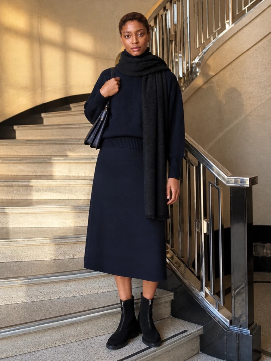 Jil sander navy knit midi skirt the row boots