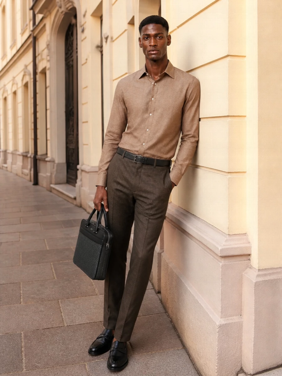 Boss brown trousers camel shirt ferragamo briefcase