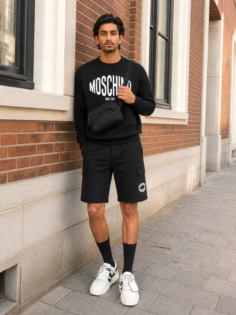 Moschino sweatshirt cargo shorts sneakers outfit