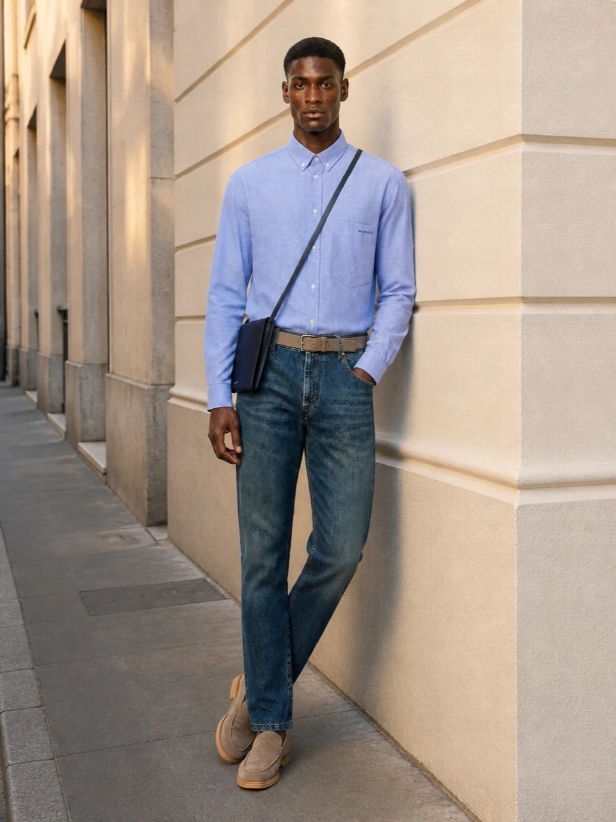 A powder blue button-down meets lived-in indigo denim for a quietly polished take on casual dressing. Taupe suede loafers and a matching belt warm up the palette, while a slim navy crossbody sharpens the line. It is relaxed, precise and easy to wear from coffee to casual dinners.