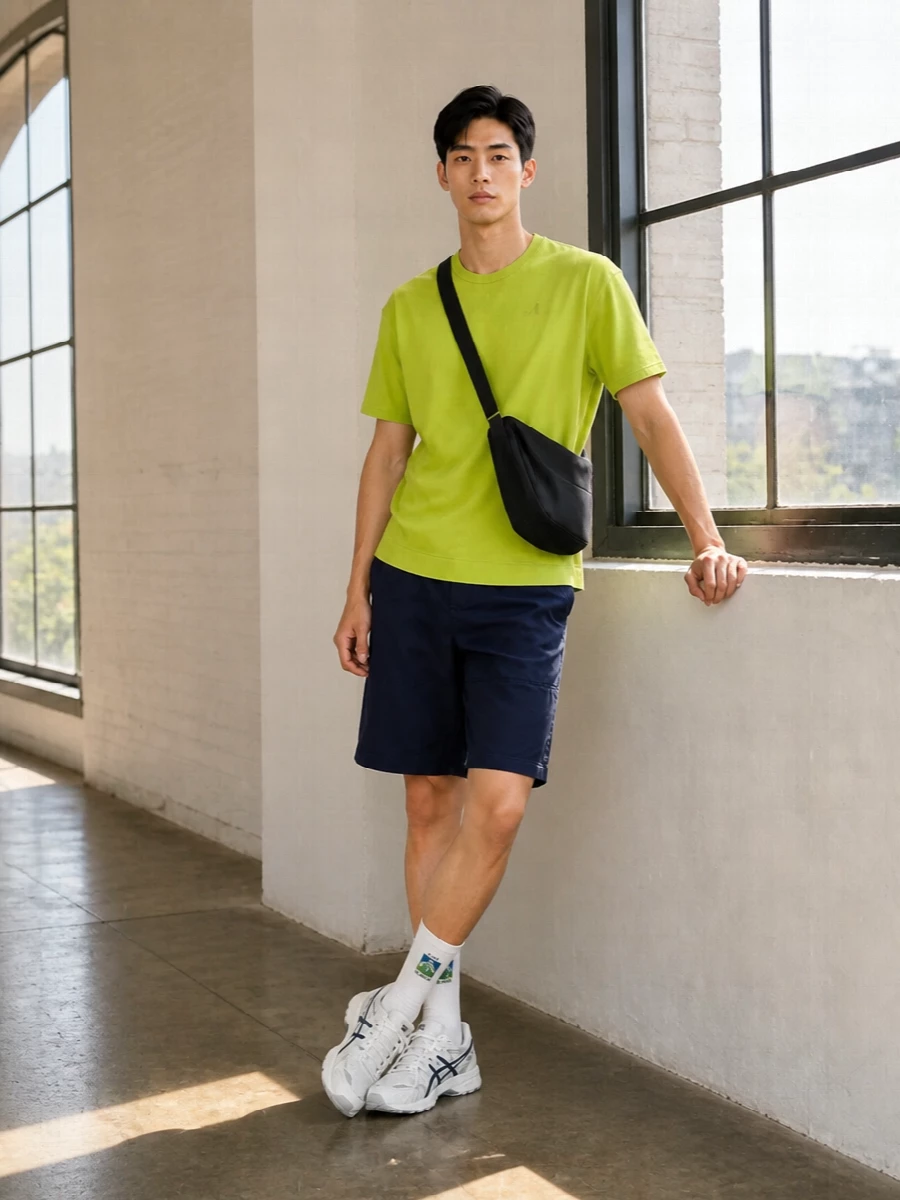 Ten c lime tee navy shorts asics runners