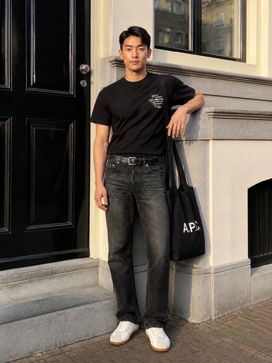 A clean black graphic tee sits over washed black A.P.C. denim for a straight, unfussy line that feels modern but not try-hard. Soft off-white Represent trainers and the black A.P.C. tote keep the palette tight and city-ready, while the whipstitched Our Legacy belt adds just enough detail at the waist. It is an easy monochrome uniform you can wear all day without needing to think about it twice.