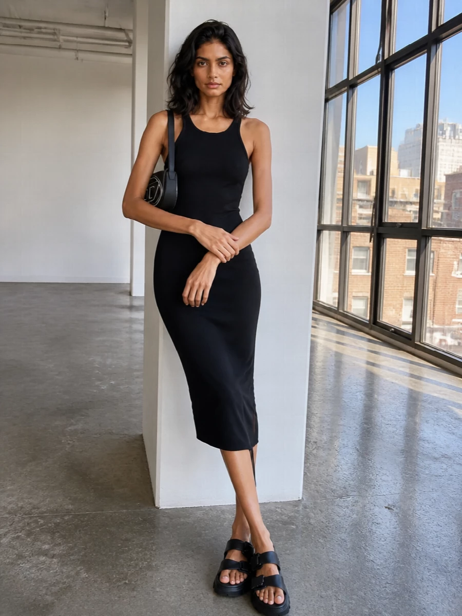 This is a dark, elongated streetwear outfit built around a razor-slim DRKSHDW dress that picks up the Diesel bag’s clean lines and monochrome attitude. The asymmetric hem and chunky platform sandals keep the proportions graphic rather than overtly polished, which fits a casual night-out brief. Choosing the dress route lets the bag’s sharp logo and silver hardware play hero without competing cuts or extra branding from separates.