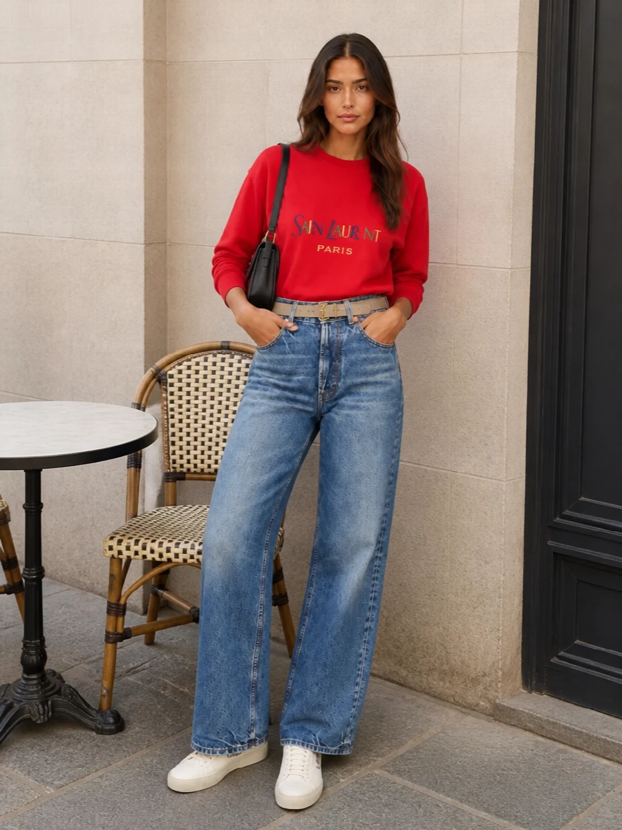 Saint laurent red logo sweatshirt wide leg jeans