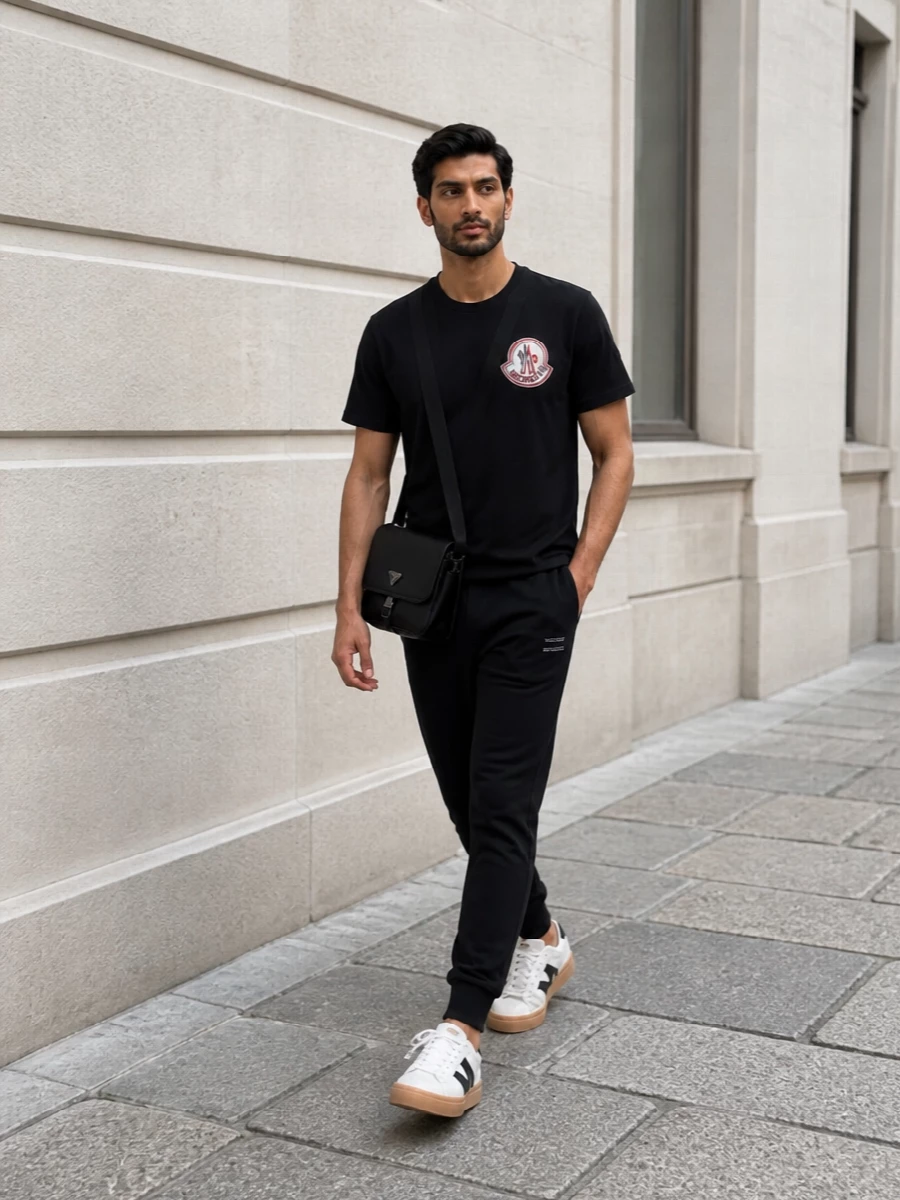 This look leans into elevated athleisure: the graphic Moncler tee sits over tapered black joggers for a clean, streamlined base in a mostly monochrome palette. Crisp white leather court sneakers brighten the outfit without diluting its sport edge, while the black Prada crossbody injects a refined, urban note that keeps the whole ensemble feeling considered rather than casual. It’s an SS-ready uniform for city days, travel, and off-duty evenings where comfort and quiet luxury sit side by side.