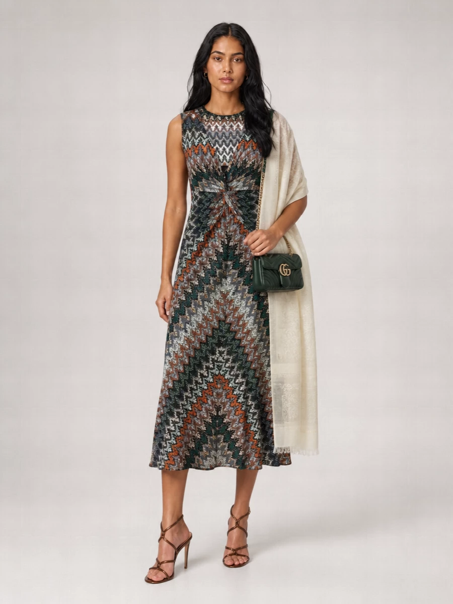 Missoni Metallic Zigzag Sleeveless V-Neck Maxi Dress