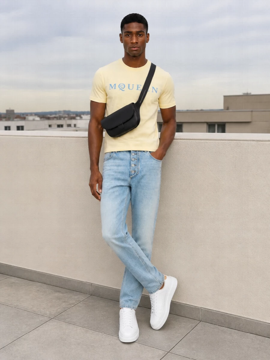 Alexander mcqueen pastel tee light jeans outfit