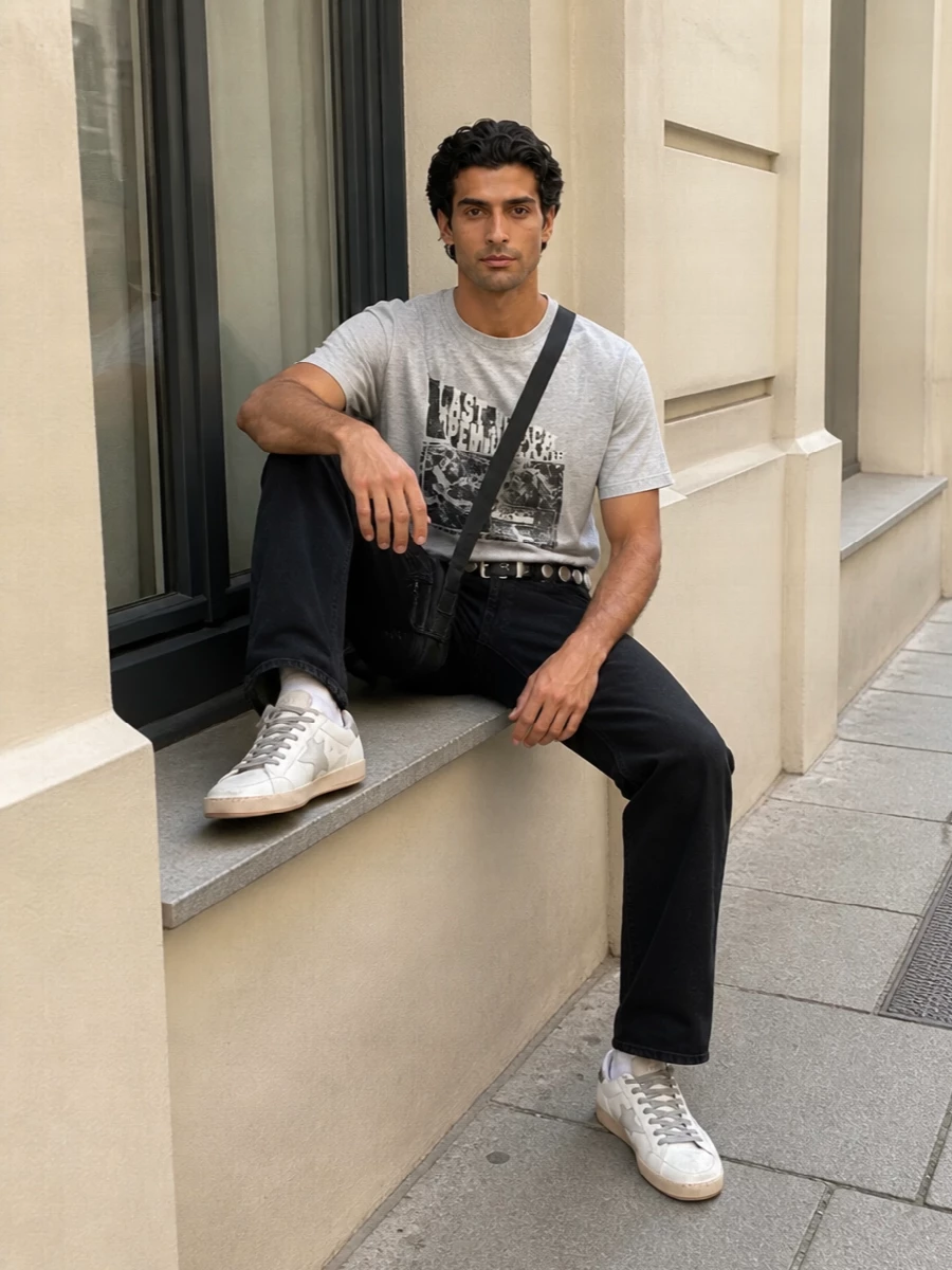 A faded band graphic meets washed black denim for a street-ready uniform that feels broken in but still intentional. Distressed white sneakers keep the palette light and tied to the tee, while a black technical Gucci crossbody and studded belt sharpen the grunge into something city-ready. Think off-duty gig night, with just enough structure to carry you from day hangs to after-dark bars.