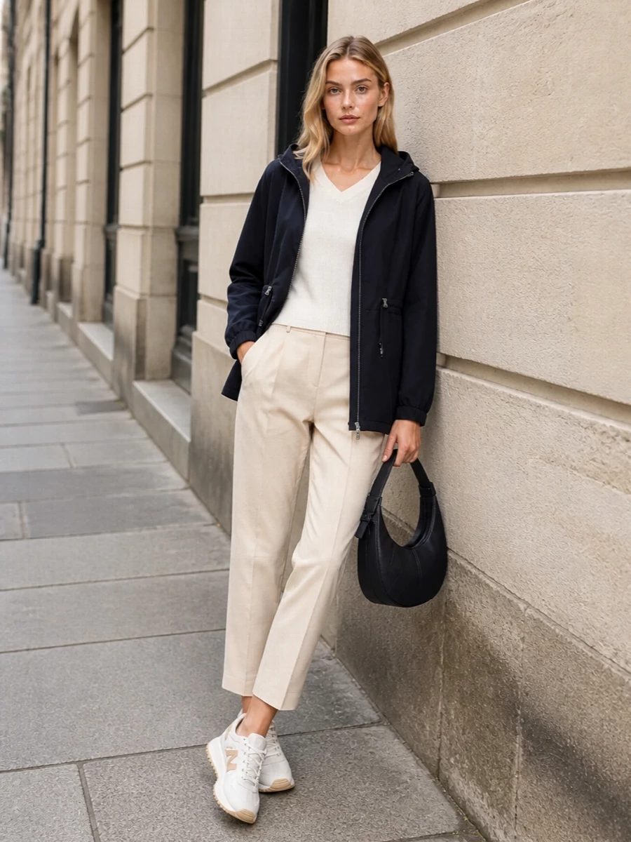 This look builds a clean, urban-uniform around the deep navy Moorer parka: an ivory V‑neck knit and light beige cropped Moorer trousers create a softly tonal column under the darker shell. Off‑white and beige Moncler runners keep the outfit light and functional for SS, while the inky Lemaire hobo echoes the outerwear’s depth and adds a discreetly architectural note. Opting for separates instead of a dress lets the parka feel intentional, not redundant, and preserves the quietly luxurious, commuter-ready character of the ensemble.