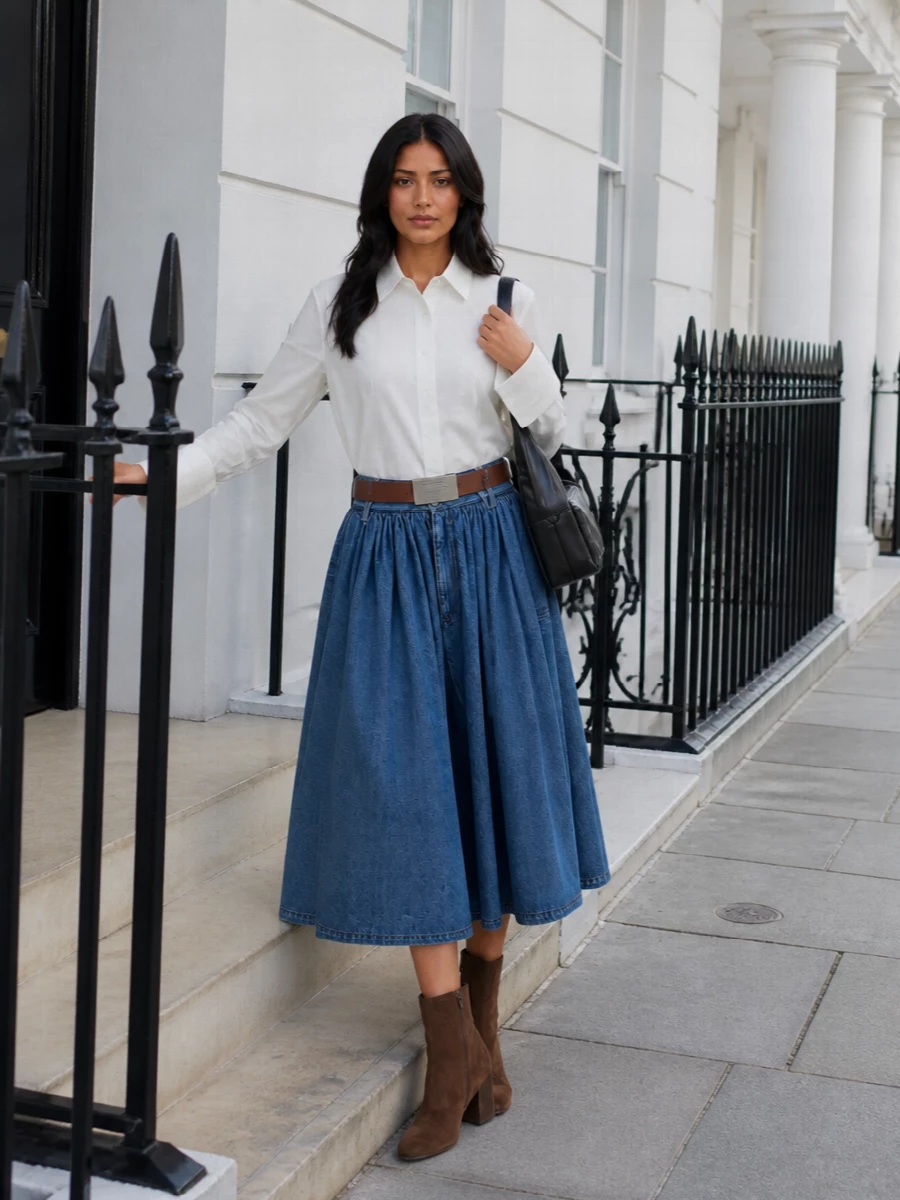 Mm6 denim midi skirt ivory shirt ankle boots