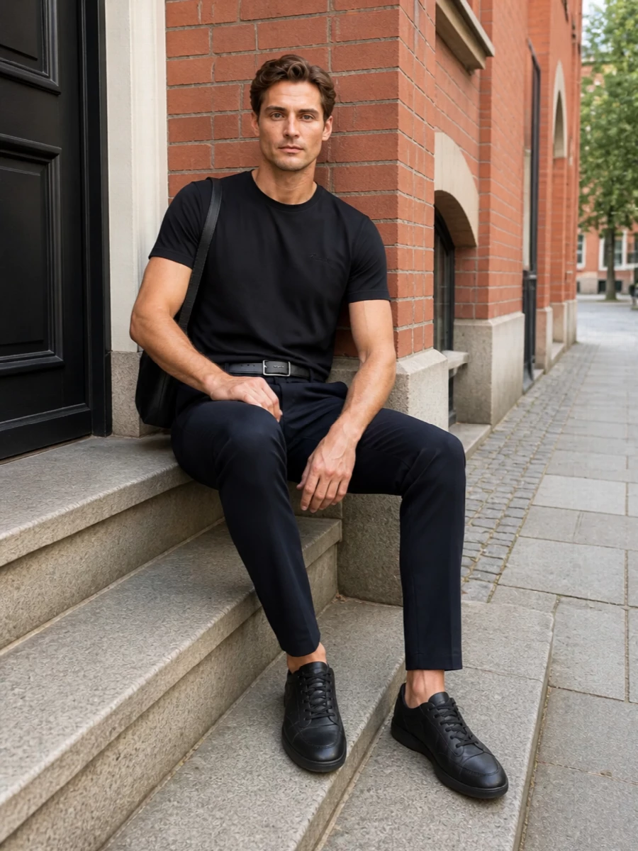 Zegna black tee navy trousers prada sneakers