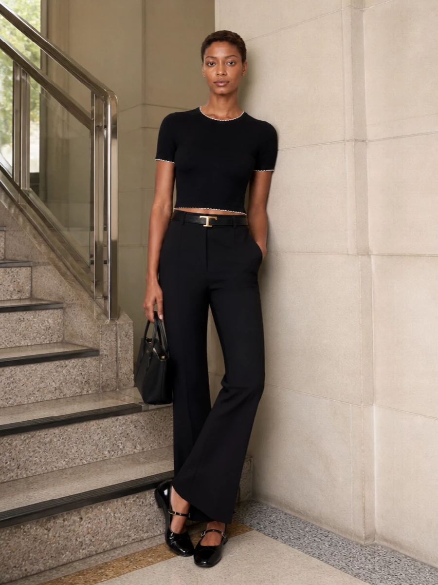 Tory burch black flared trousers mary janes outfit