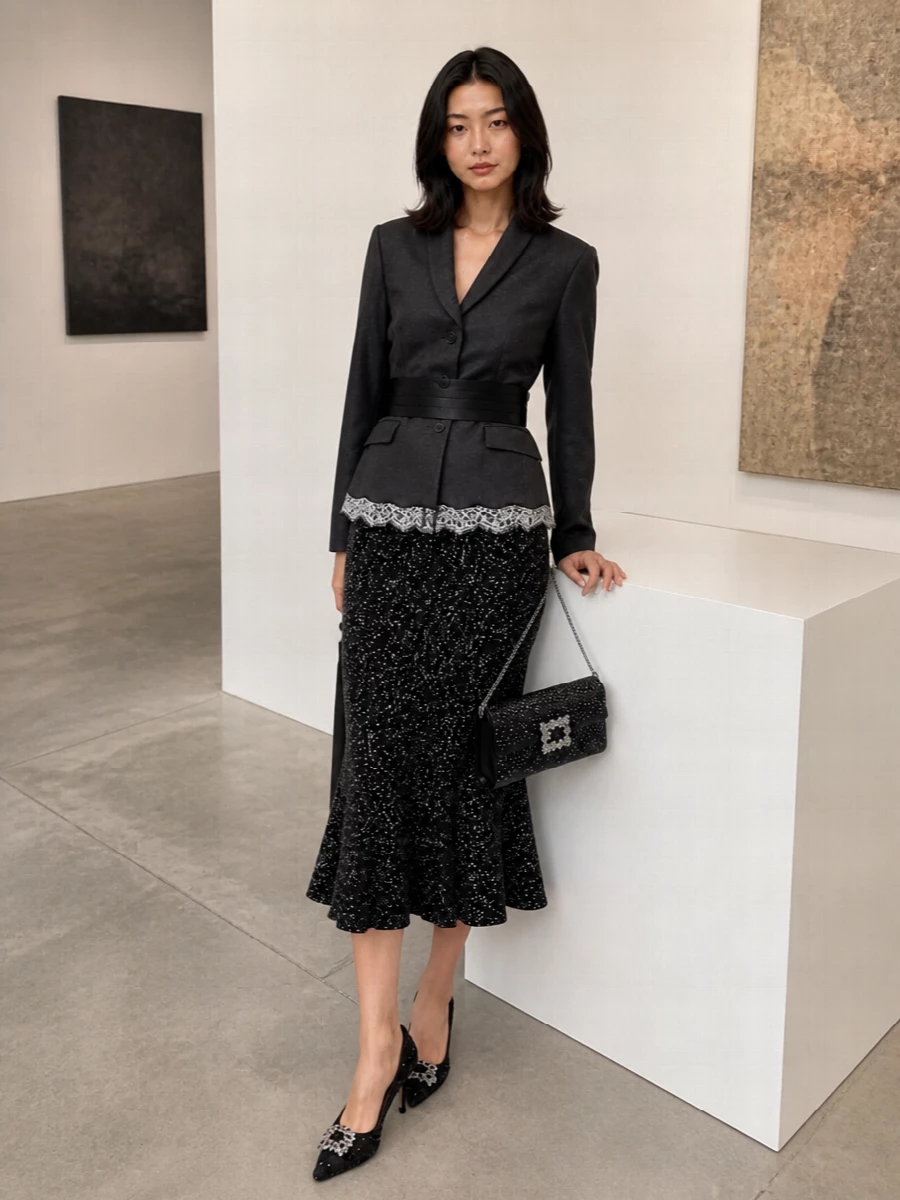 A quietly dramatic evening ensemble built around Dior’s sequined midi skirt, cinched with a sculptural black cummerbund for an elegant, salon-ready waistline. The lace-trimmed Dior blazer brings romantic structure, while Roger Vivier’s sequined pumps and crystal clutch echo the skirt’s black-silver shimmer for a cohesive, high-glamour finish.