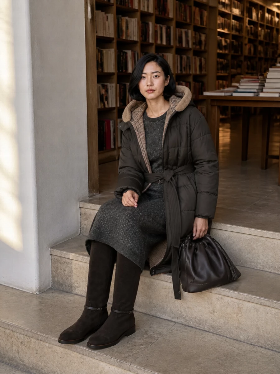 Brunello cucinelli parka knit dress winter outfit