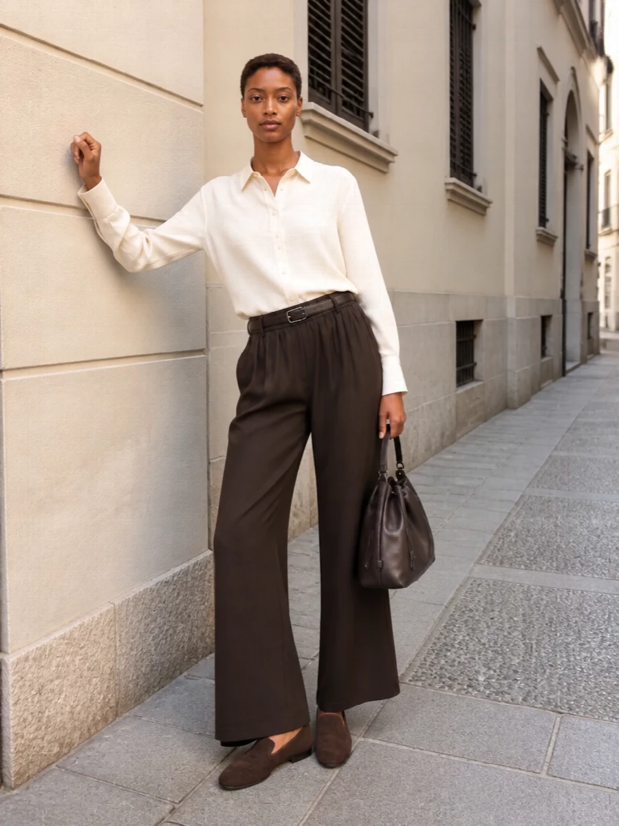 Brunello cucinelli brown wide leg trousers outfit