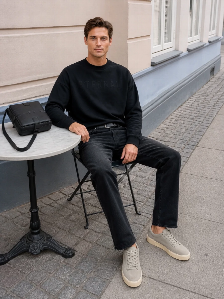 Washed black denim and a longline Eternal tee keep everything in a deep, tonal register that feels calm rather than flat. The high-rise straight leg and extended top create a clean column, broken just enough by soft taupe sneakers and a compact crossbody. A sharp black belt pulls it together so the proportions read intentional, not slouchy.