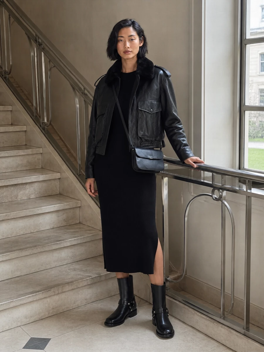 Loulou studio black aviator jacket knit midi dress