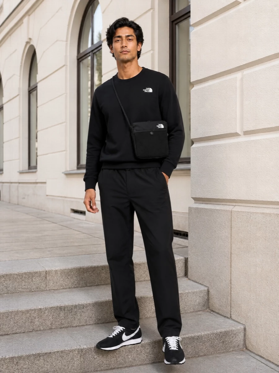 North face black sweatshirt track pants outfit
