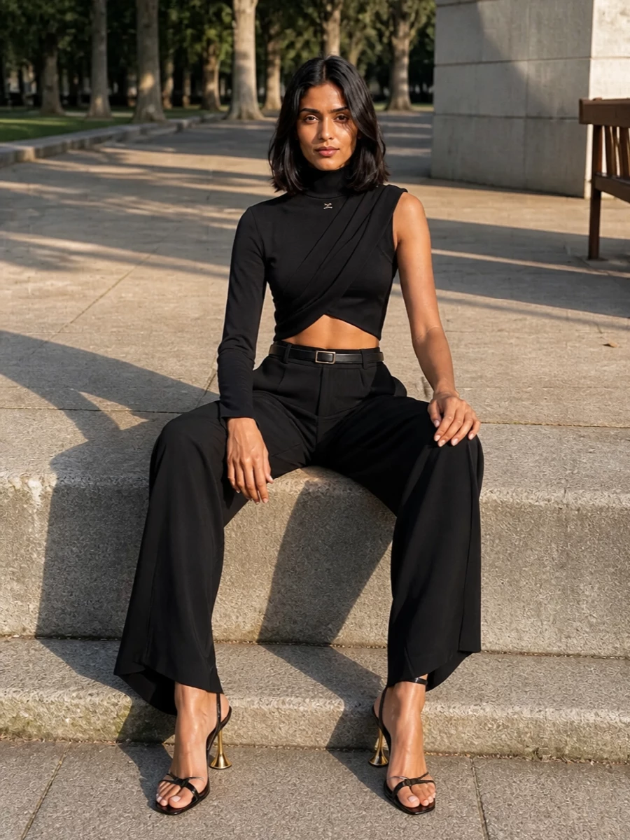 Courreges black wide leg trousers asymmetric crop top