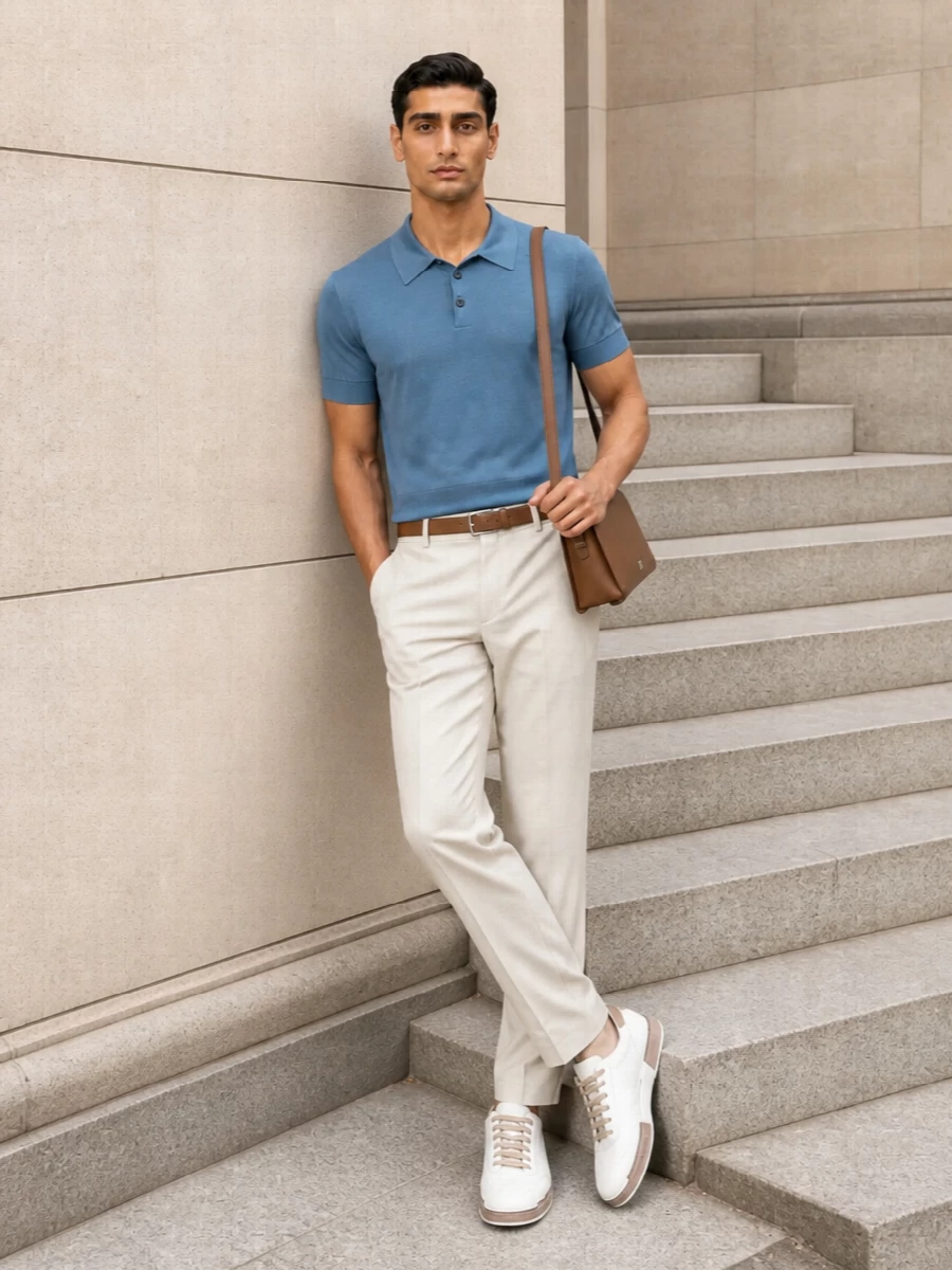 Dolce&Gabbana’s dusty steel blue knit polo is paired with clean ivory tailoring for a soft, sunlit take on smart casual. Off‑white and taupe sneakers, a tan shoulder bag, and a camel suede belt keep the palette warm and coherent, refining the ease of the polo without losing its relaxed charm. The result is minimal, Mediterranean and ready for anything from terrace lunch to an understated city dinner.