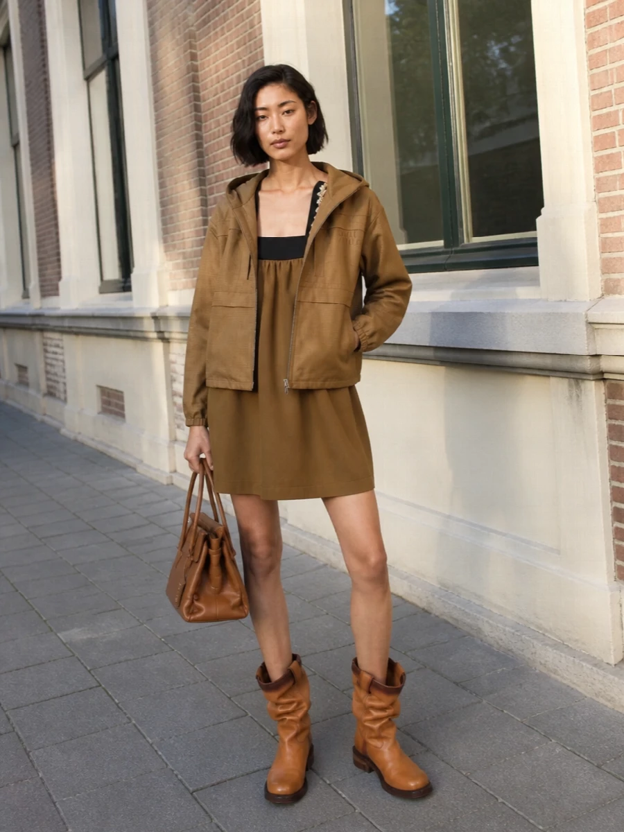Miu miu parka prada mini dress tan boots