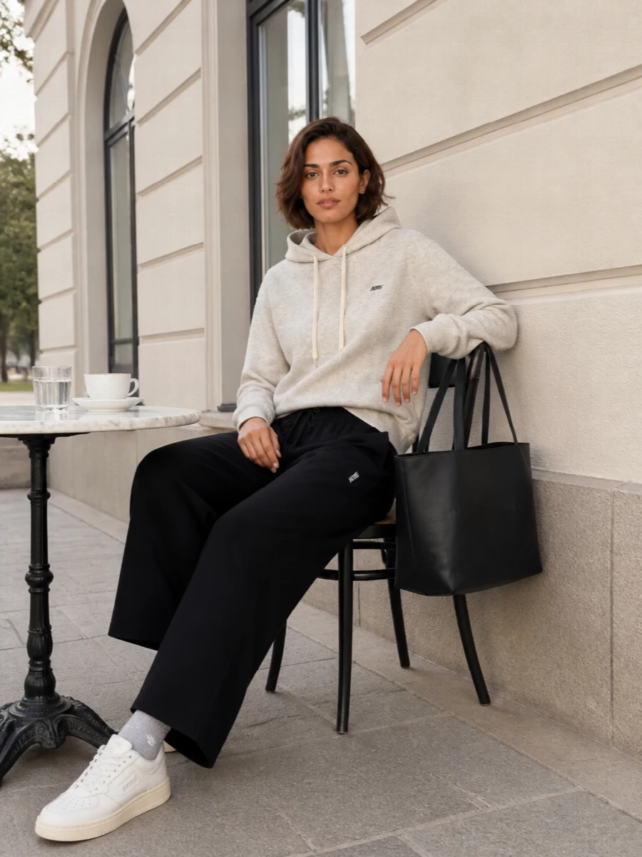 Autry wide leg pants hoodie sneakers outfit