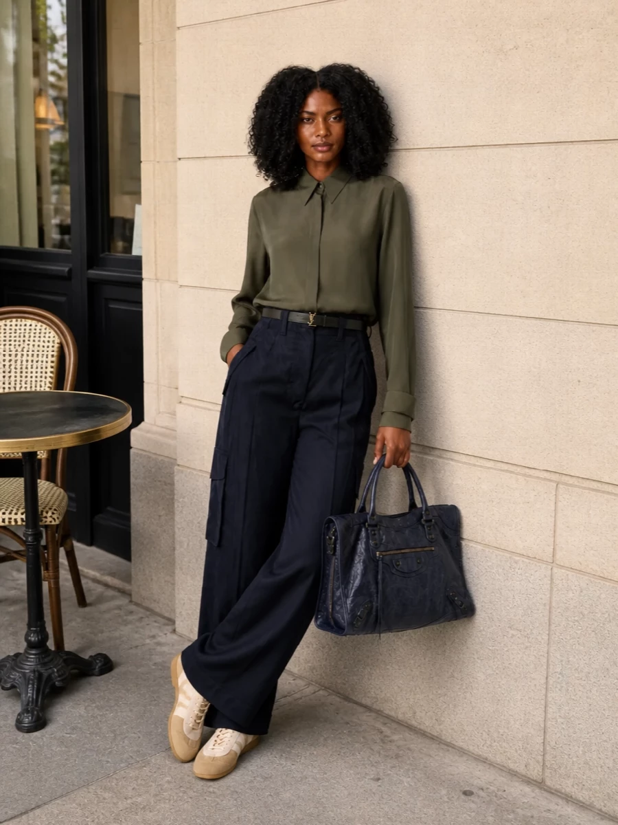 Olive silk shirting, deep navy cargo tailoring and sand neutrals create a quietly directional city uniform with just enough ease. The high waist and slim belt keep the wide leg intentional, while the sleek navy tote and refined sneakers underline a polished, utilitarian mood that moves smoothly from gallery afternoon to late dinner.