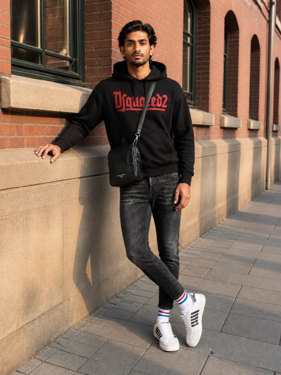 Dsquared2 black hoodie charcoal jeans sneakers