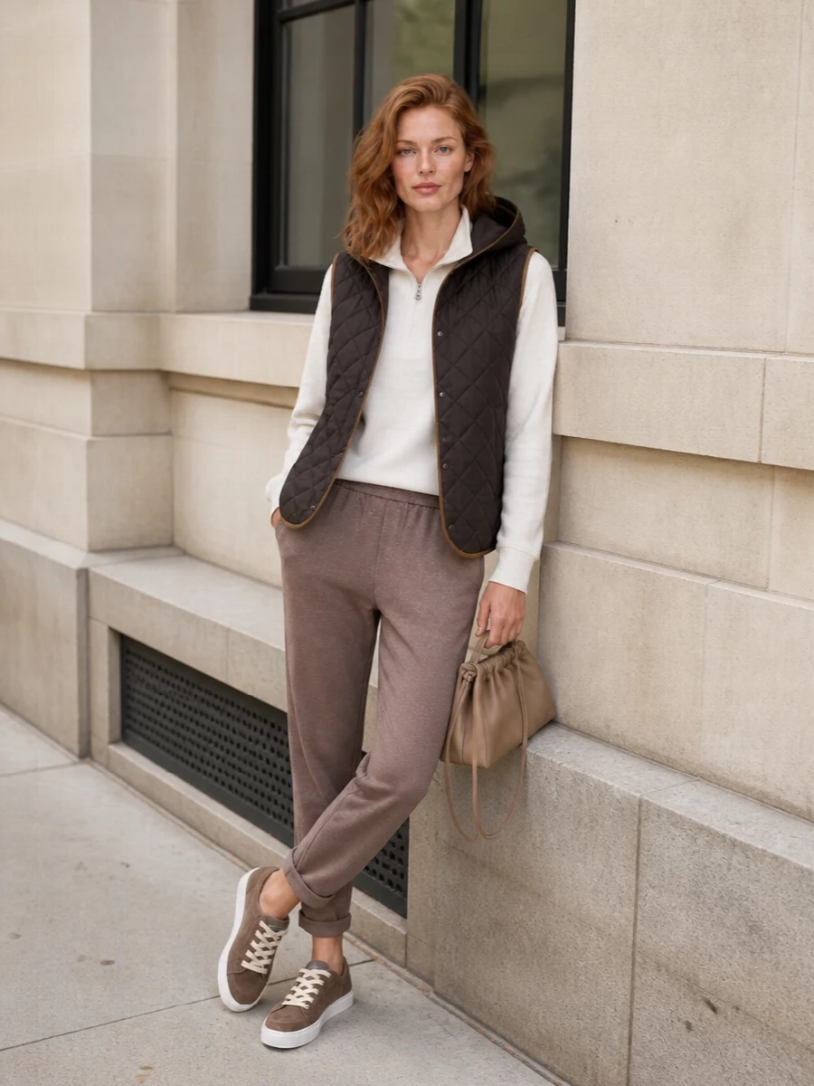 This look leans into Brunello Cucinelli’s elevated countryside-sport mood: the deep espresso quilted gilet is grounded by an ivory zip-neck pullover and taupe tapered track pants for a softly tailored, off-duty silhouette. Taupe suede sneakers and a matching drawstring pouch keep the palette cohesive and luxuriously understated, perfect for refined weekend errands or relaxed travel. I chose the top-and-bottom route over a dress so the gilet can function as the true anchor, maintaining a clean, layered sport-luxe story rather than diluting it with a more feminine, standalone dress silhouette.