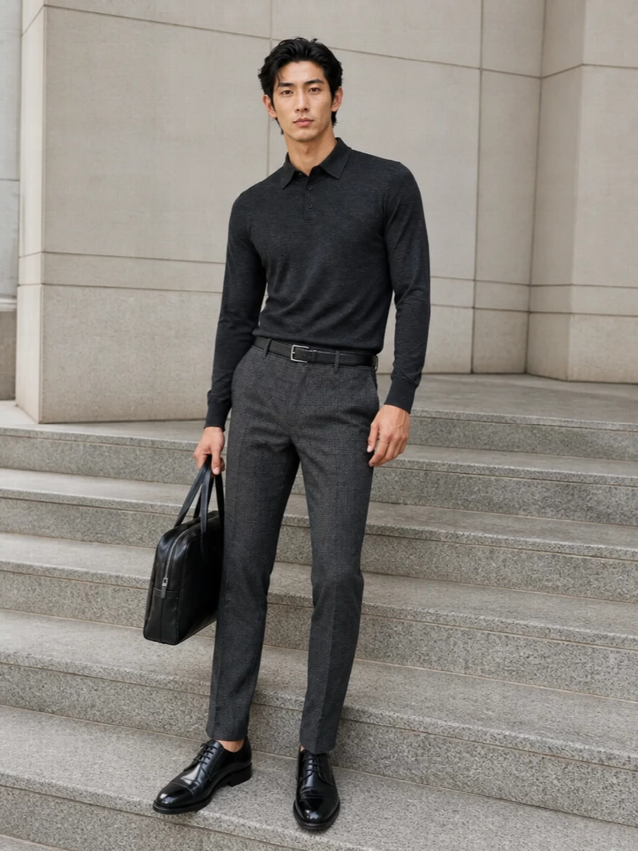 Zegna charcoal trousers knit polo prada derby