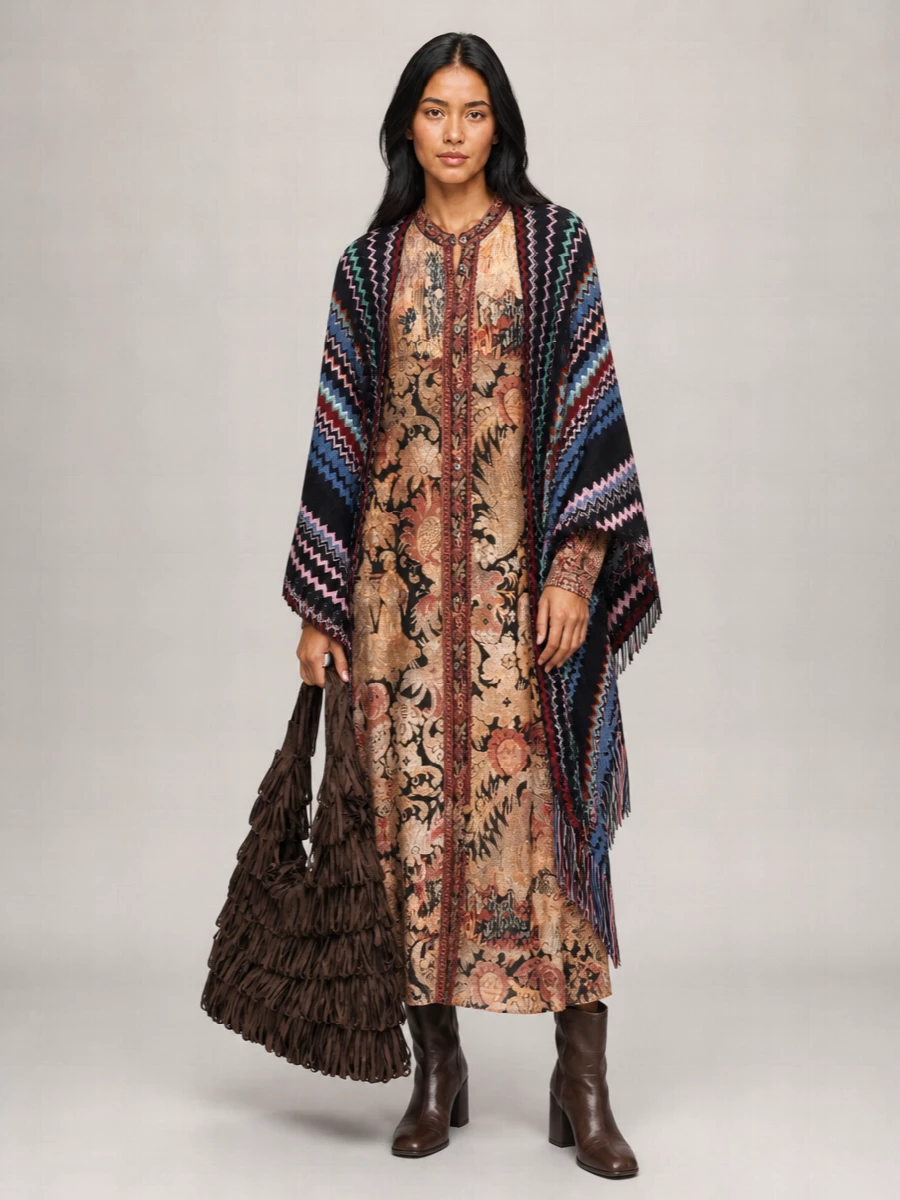 Missoni Zigzag Knit Fringe Draped V-Neck Poncho