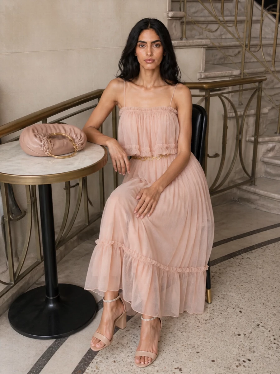 Chloe blush slip dress nude heels clutch