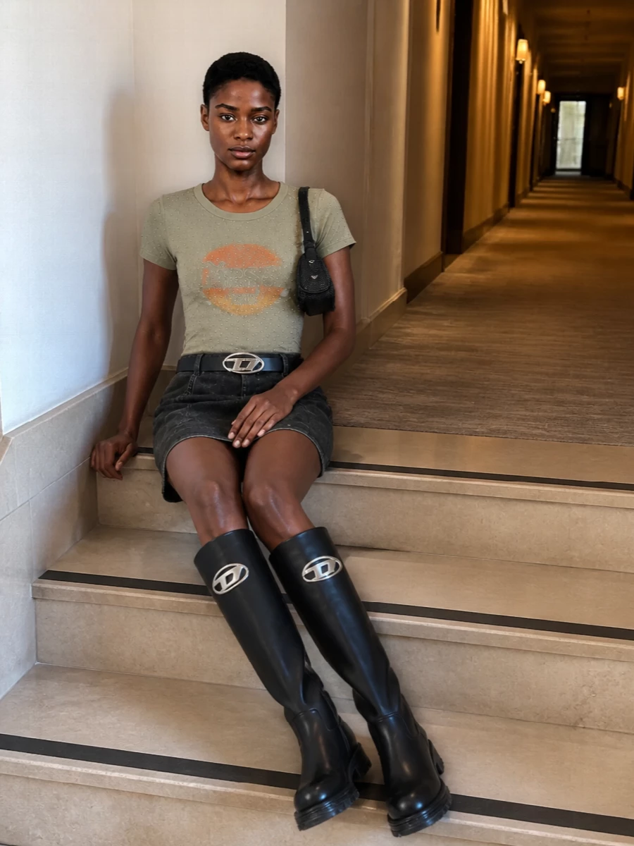 Diesel studded tee flared mini skirt boots