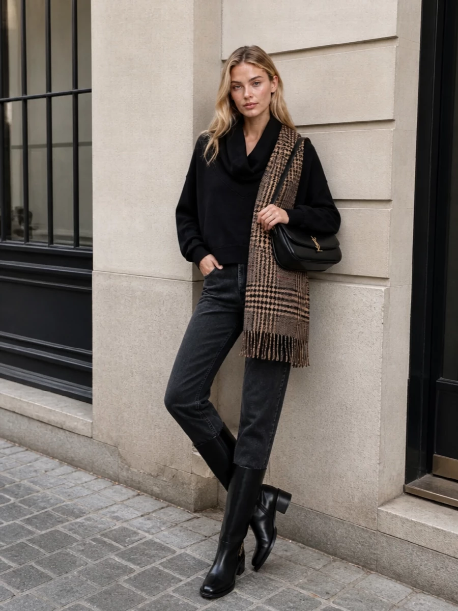 Quiet luxury black knit straight leg jeans outfit