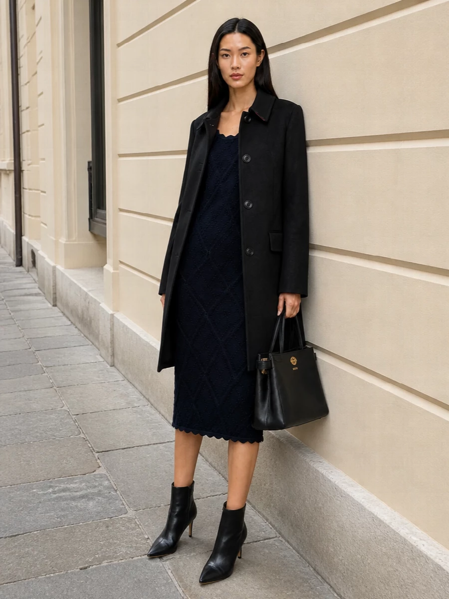 Burberry black coat navy midi dress outfit