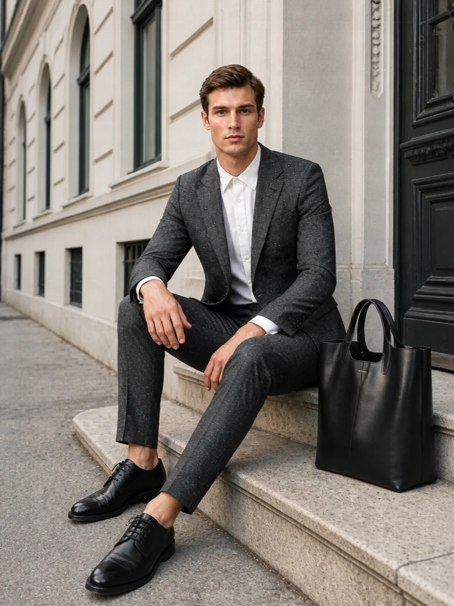 Alexander mcqueen charcoal suit white shirt derbies