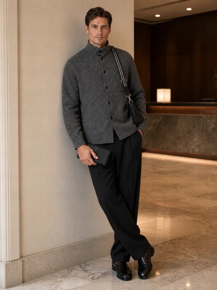 This is a quiet power combination: Armani charcoal overshirt and relaxed black trouser framing the Fendi wallet’s disciplined geometry. The Row’s sculptural slip-ons and Etro’s curved saddle bag add a soft, almost bohemian ease without diluting the tailored mood. Head to toe, it feels like modern city dressing for someone who prefers their polish understated and their details precise.