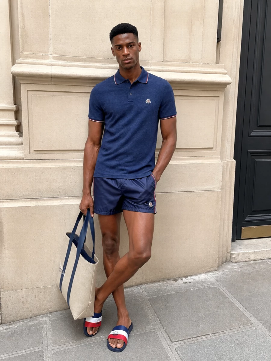 Moncler polo swim shorts resort outfit