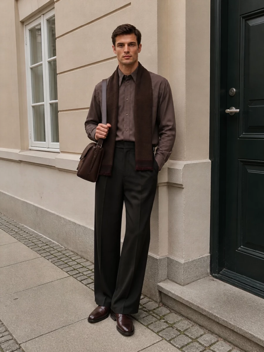 Lemaire taupe shirt wide leg olive trousers