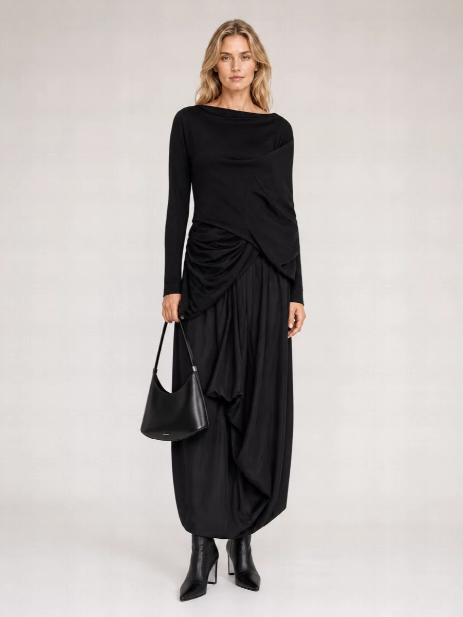 Junya Watanabe wool asymmetric draped boat neck long sleeve top