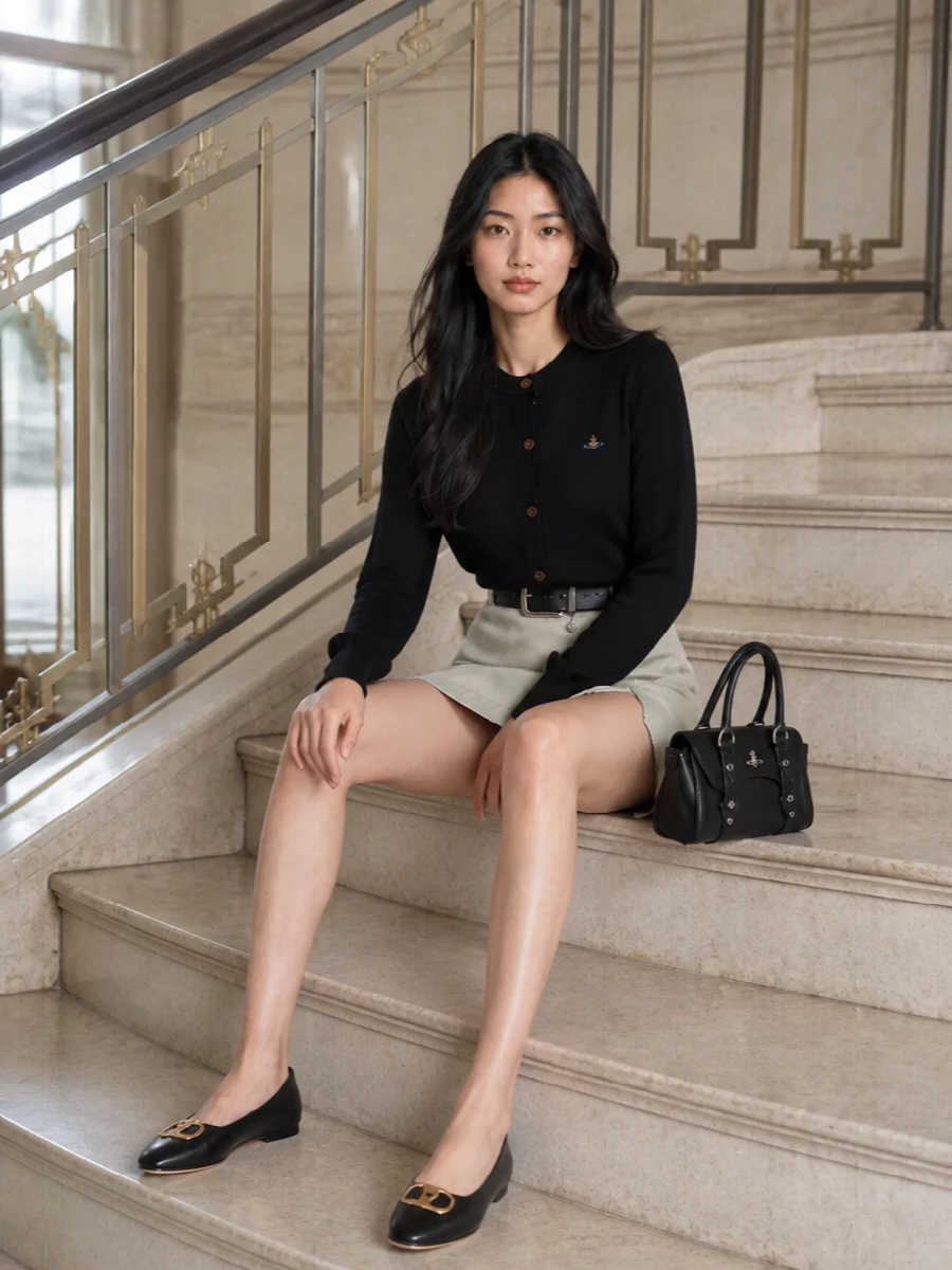 Vivienne westwood cardigan sage mini skirt outfit