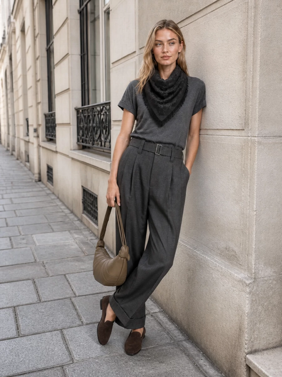 This look leans into a tonal charcoal story: the Brunello Cucinelli V‑neck knit tee tucks into softly structured charcoal pleated trousers for a relaxed take on menswear-inspired tailoring. Chocolate suede loafers and a sculpted taupe shoulder bag introduce warm, understated contrast, while a deep-charcoal scarf adds texture and seasonal depth, keeping the outfit polished yet quietly effortless for everyday FW dressing.
