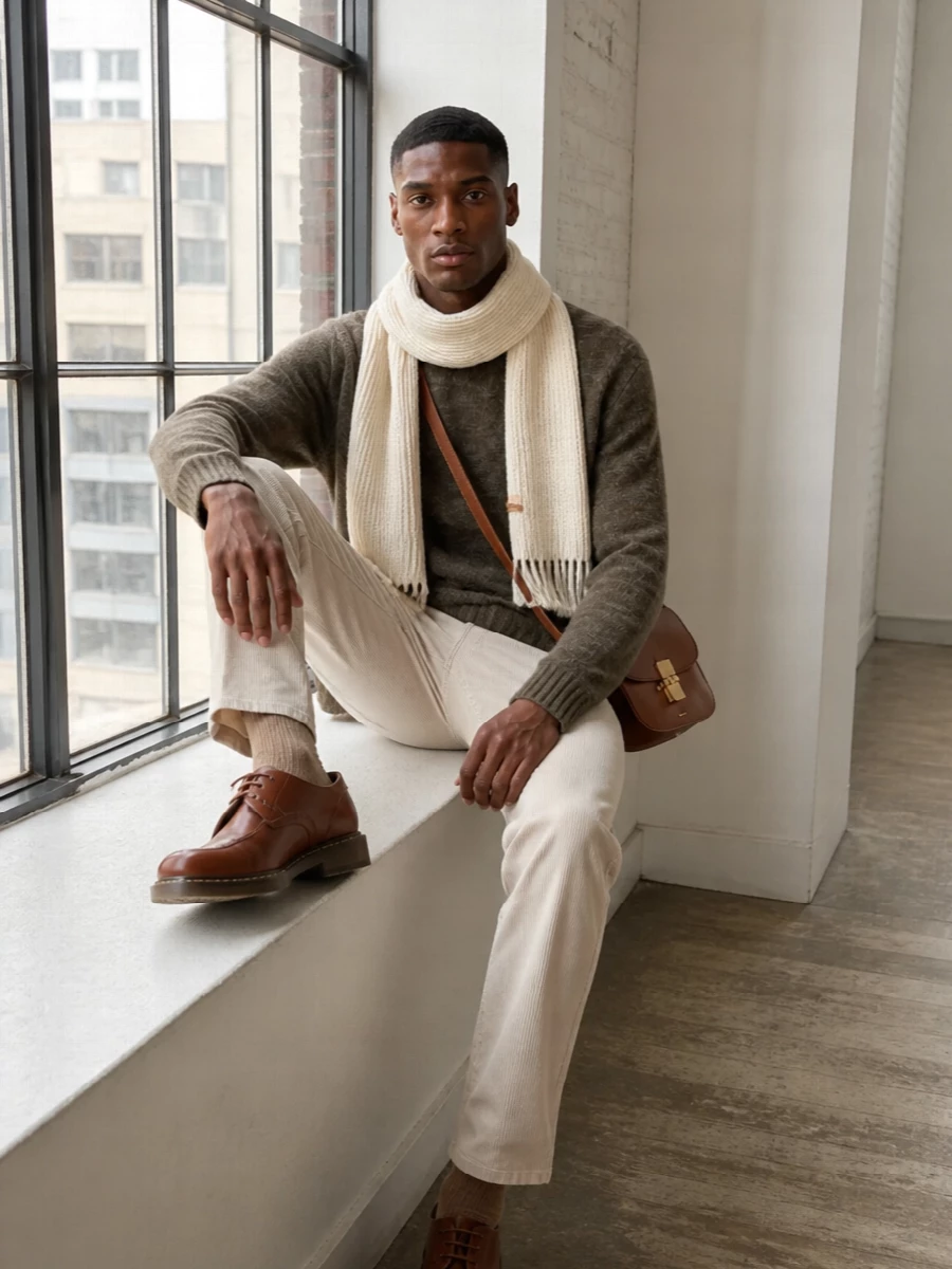 Apc beige trousers moss sweater paraboot derby