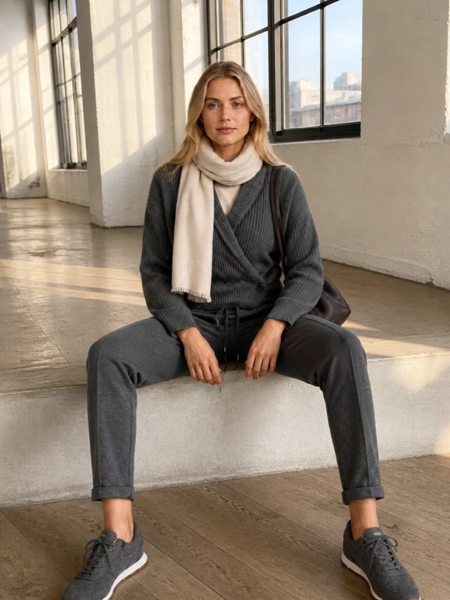 Charcoal joggers and a matching wrap cardigan create a tonal knit column that feels calm and considered rather than casual. Charcoal sneakers continue the softness underfoot, while the rich chocolate crossbody and sand scarf introduce just enough warmth to keep the neutrals dimensional and quietly luxurious.