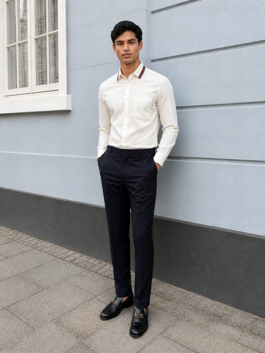 Gucci’s off‑white shirt meets deep navy Zegna tailoring for a polished, quietly preppy ensemble that feels right for smarter summer days and dinners. Black Versace loafers and a slim Tod’s clutch keep the lines sharp and understated, letting the signature collar detail carry the personality.